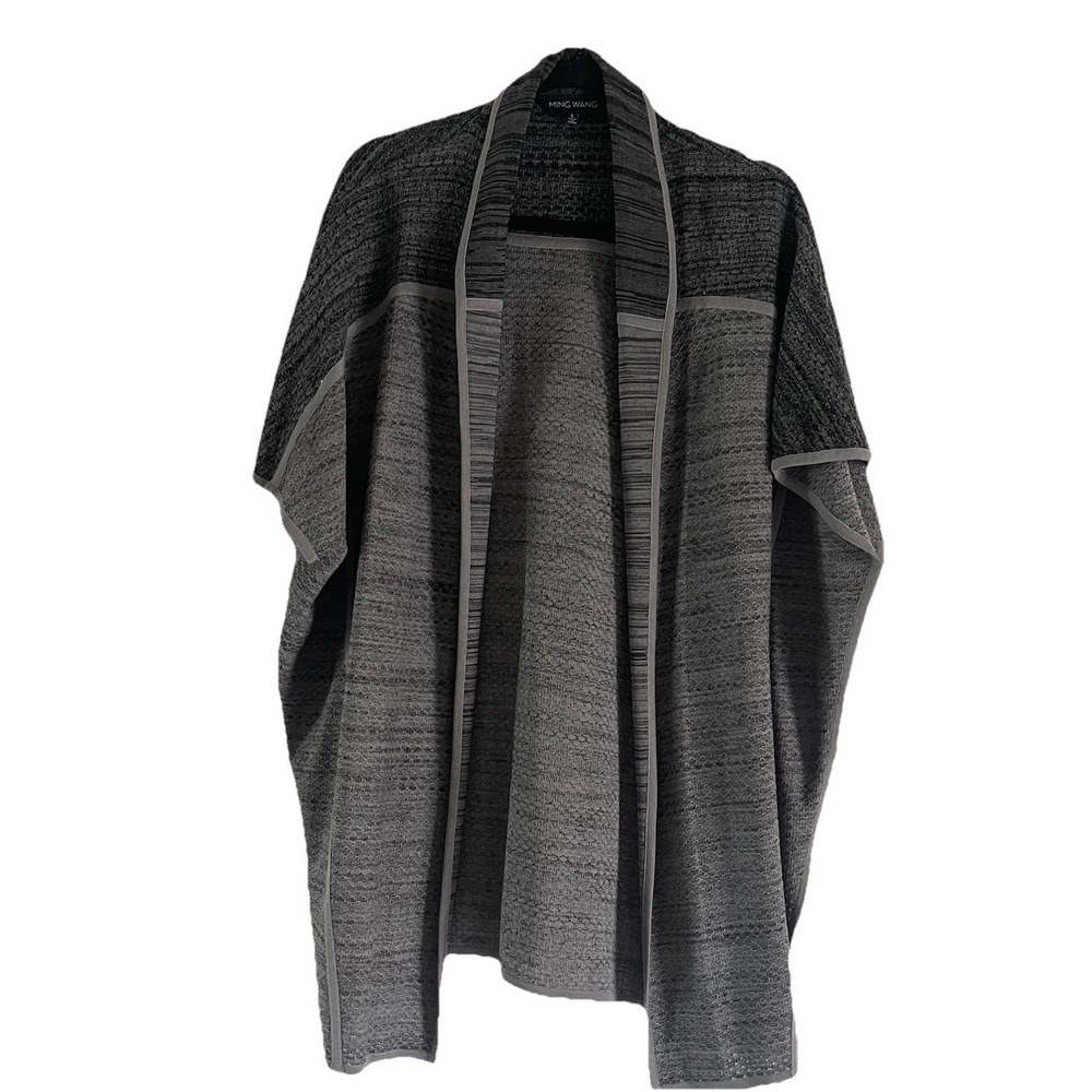 Ming Wang Open Front Short Sleeve Cardigan Large Textured Knit Long Gray